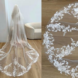 Cathedral Long Floral Veil, Scalloped Style Veil, Wedding Veil With Flower, Royal Bridal Lace Veil