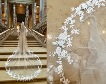 Long Bridal Veil with Floral Lace and Sequins, Cathedral Wedding Veil with Floral Lace at the Bottom and Sparkling Sequin Details