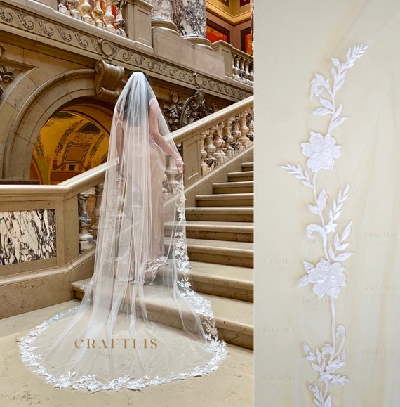 Wedding Bridal Veil With Lace, Wedding Cathedral Veil, Veil With Flower  Lace Appliqué, Floral Lace Veil, Wedding Veil With Flower Lace 