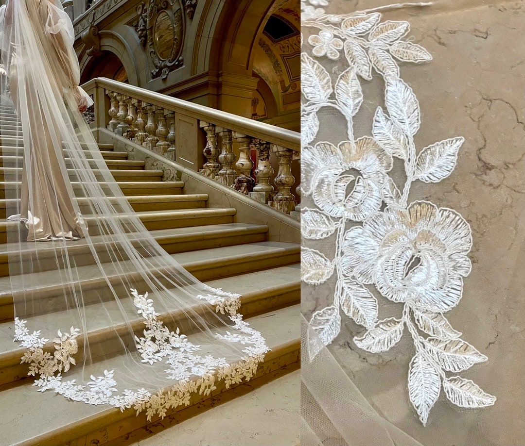 Cathedral Floral Veil Wedding Veil With Flower Lace Bridal Veil With