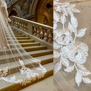 Cathedral floral veil, Wedding veil with flower lace, Bridal veil with lace, floral lace, veil with flower lace appliqué