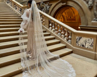 Long Floral Beaded Lace Wedding Veil with Sequins, Cathedral Bridal Veil with Flowers Lace Trim, Soft Tulle Veil