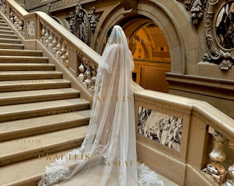 Long Bridal Veil with Floral Lace Applique: High Quality Floral Embroidered Cathedral Wedding Veil
