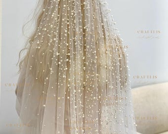 Pearl Bridal Veil, Pearl Beaded Long Wedding Veil, Cathedral Veil With Pearls, Veil With Scattered Pearls