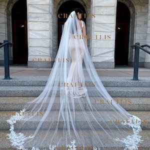 Cathedral Lace Veil With Flower Sequins Lace: High-Quality Long Bridal Embroidered With Flower Lace Appliqué