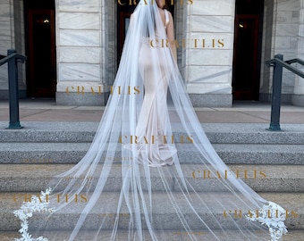 Cathedral Lace Veil With Flower Sequins Lace: High-Quality Long Bridal Embroidered With Flower Lace Appliqué