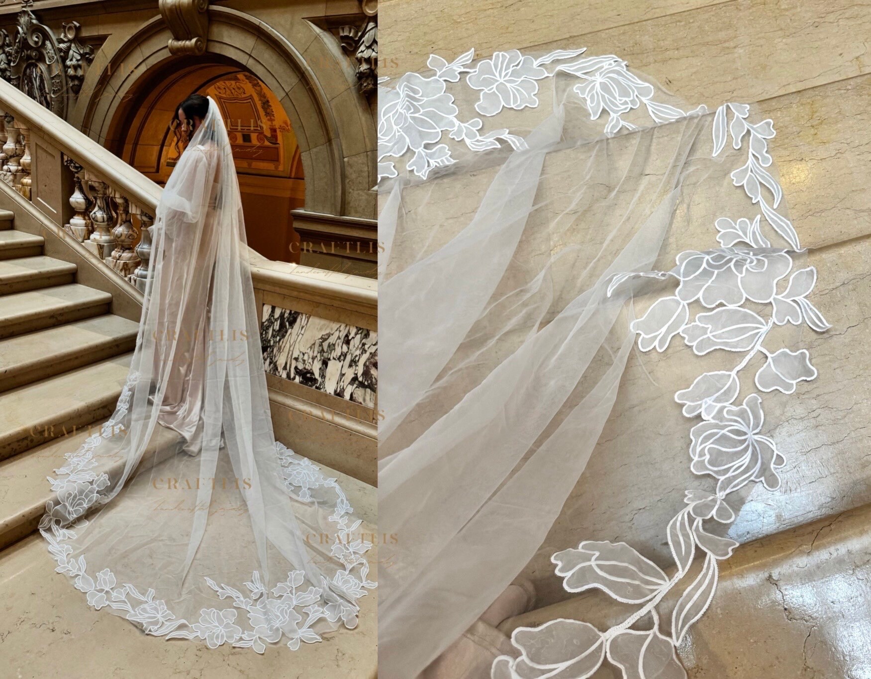 Long Bridal Veil With Floral Lace Applique: High Quality 