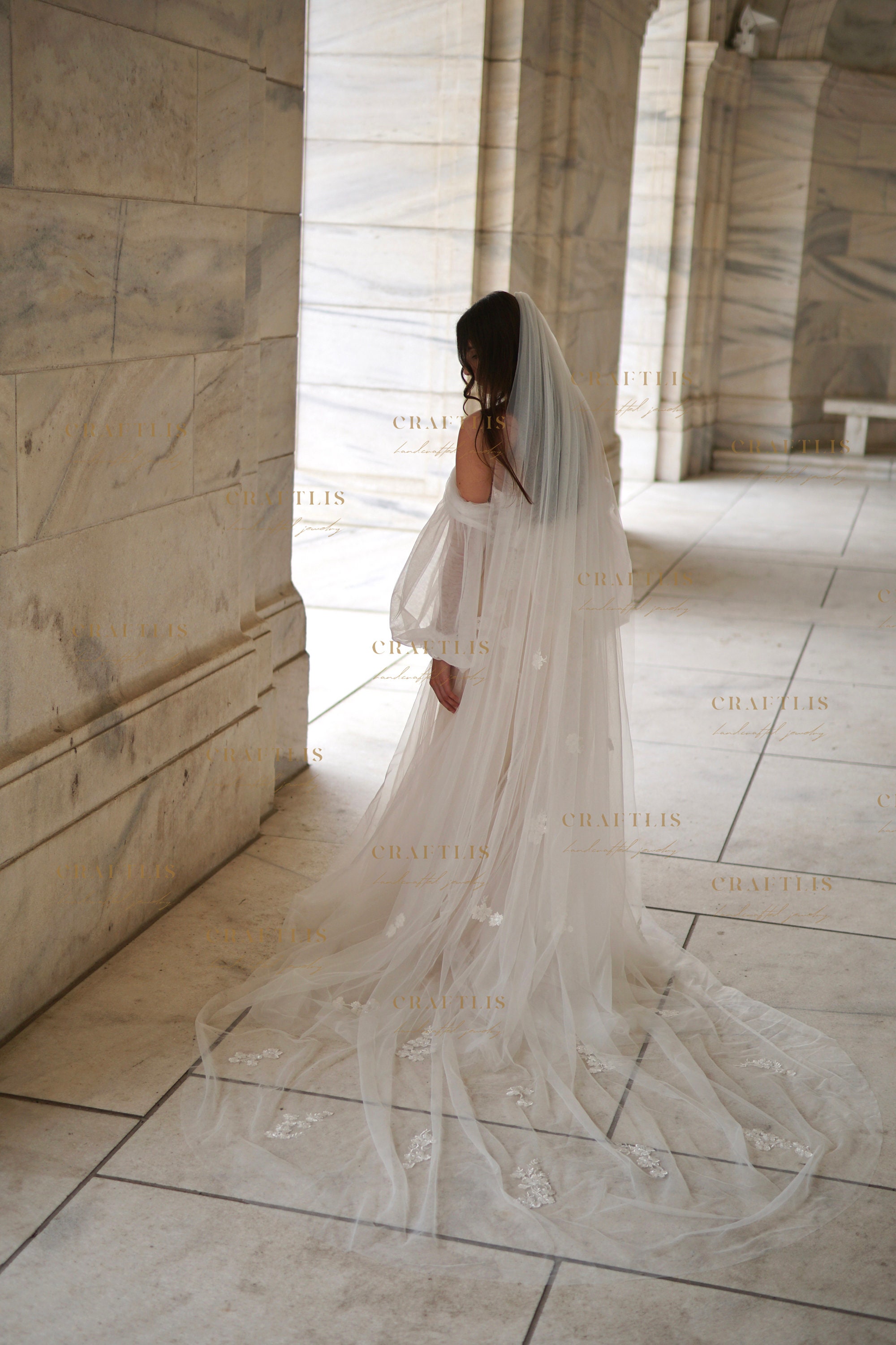 Long Bridal Veil With Scattered Floral Beaded Lace Appliqué
