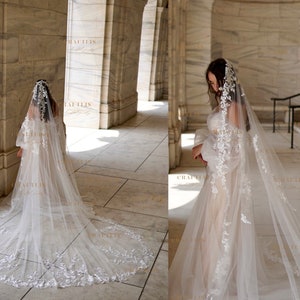 Cathedral Mantilla Lace edge bridal veil, Royal wedding veil, Bridal veil with lace, floral lace veil, Long Wedding veil with flower lace