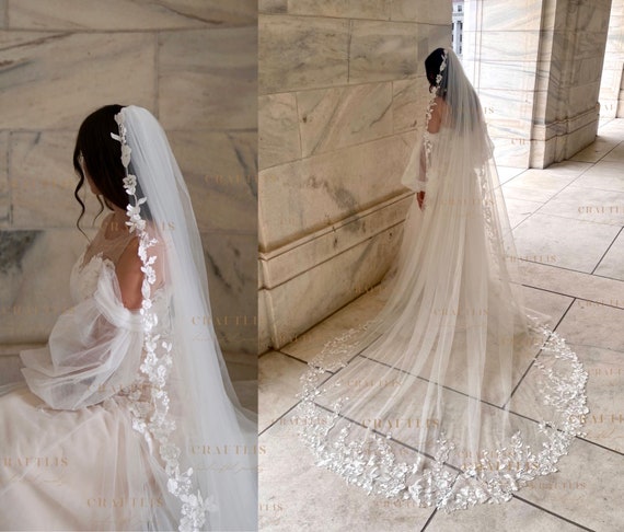 loveangeldress Cathedral Bridal Veils with Beaded Lace Appliqued Edge 98 inch / Ivory