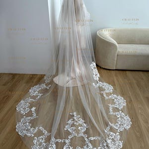Cathedral Lace Veil, Wedding Veil With Classic Lace, Royal Bridal Long Veil