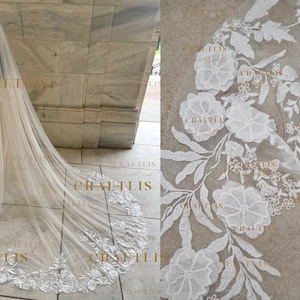 Cathedral floral veil, Wedding veil, Royal Wedding veil with flower lace, Bridal veil with lace, veil with 3D flower lace applique