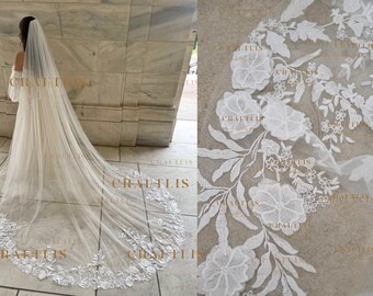 Cathedral floral veil, Wedding veil, Royal Wedding veil with flower lace, Bridal veil with lace, veil with 3D flower lace applique