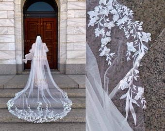 Long  Floral Lace Bridal Veil: Romantic Cathedral Wedding Veil with Floral Lace At The Bottom | Bride Royal Length Veil