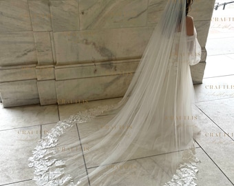 Floral Cathedral Wedding lace veil, Bridal Cathedral Wedding Veil, Long and Wide Bridal veil with lace, Royal Wedding veil with floral lace