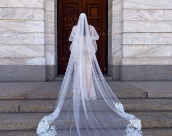 Cathedral Wedding Veil: Floral Lace Applique, Long Bridal Veil