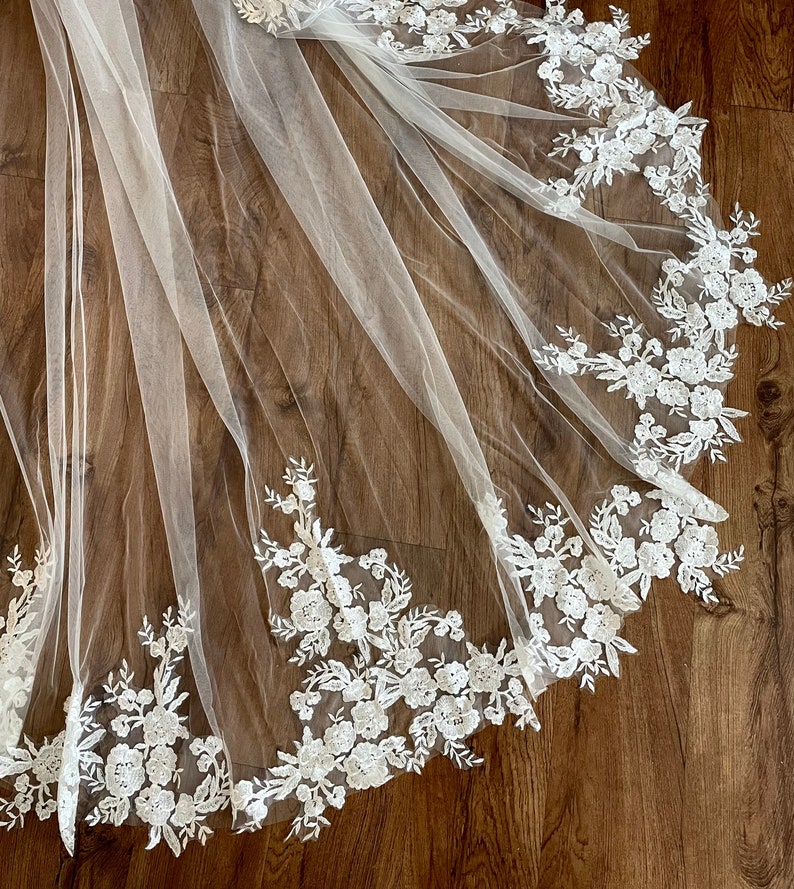 Cathedral veil, Wedding veil, Royal veil, Bridal veil with lace, floral lace, veil with flower lace applique, Wedding veil with flower lace image 7