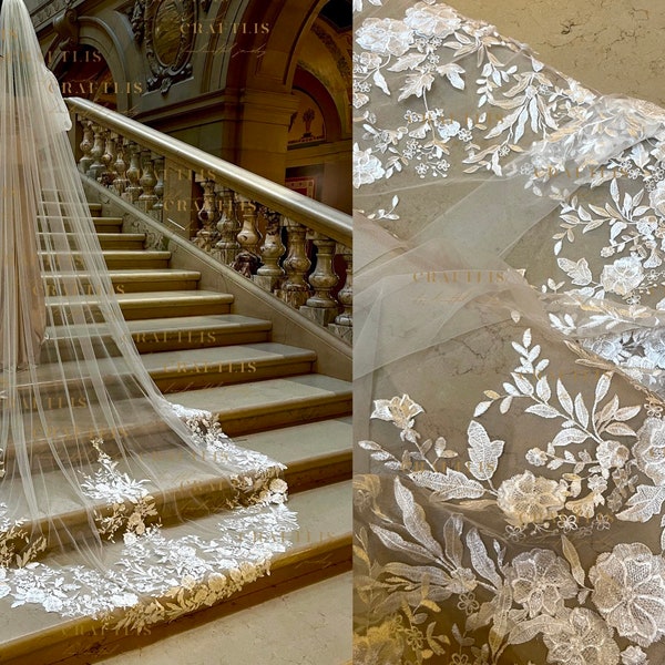 Wedding bridal veil with lace, Wedding cathedral veil, Veil with 3D flower lace appliqué, 3D floral lace veil, Long veil with flower lace