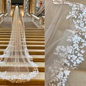 Cathedral floral veil, Wedding veil, Wedding veil with flower lace, Bridal veil with lace, floral lace, veil with flower lace applique