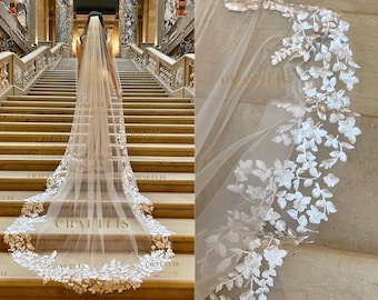 Cathedral floral veil, Wedding veil, Wedding veil with flower lace, Bridal veil with lace, floral lace, veil with flower lace applique