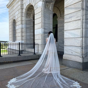 Cathedral veil, Wedding veil, Royal veil, Bridal veil with lace, floral lace, veil with flower lace applique, Wedding veil with flower lace image 4