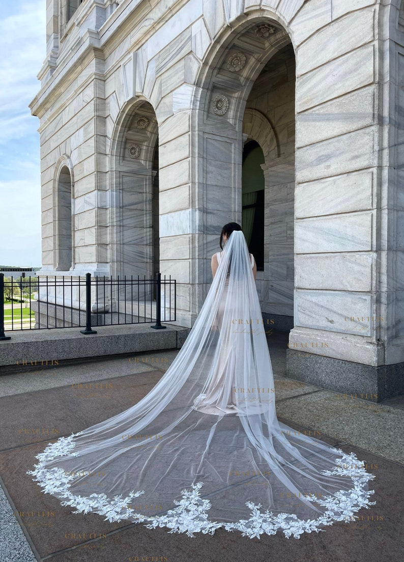 Cathedral veil, Wedding veil, Royal veil, Bridal veil with lace, floral lace, veil with flower lace applique, Wedding veil with flower lace image 4
