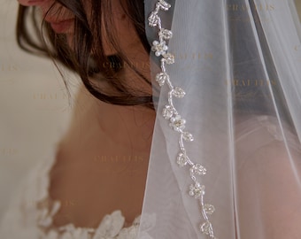 Crystal Beaded Wedding Veil: Floral Beaded Edge, Light Ivory