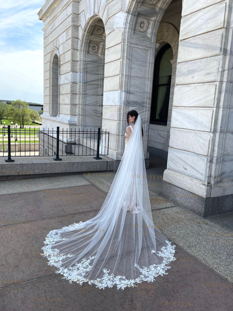 Cathedral veil, Wedding veil, Royal veil, Bridal veil with lace, floral lace, veil with flower lace applique, Wedding veil with flower lace image 2