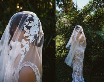 Blusher wedding veil, Bridal drop veil, knee veil, lace veil, floral veil, veil with flower lace, flower lace applique, bridal veil