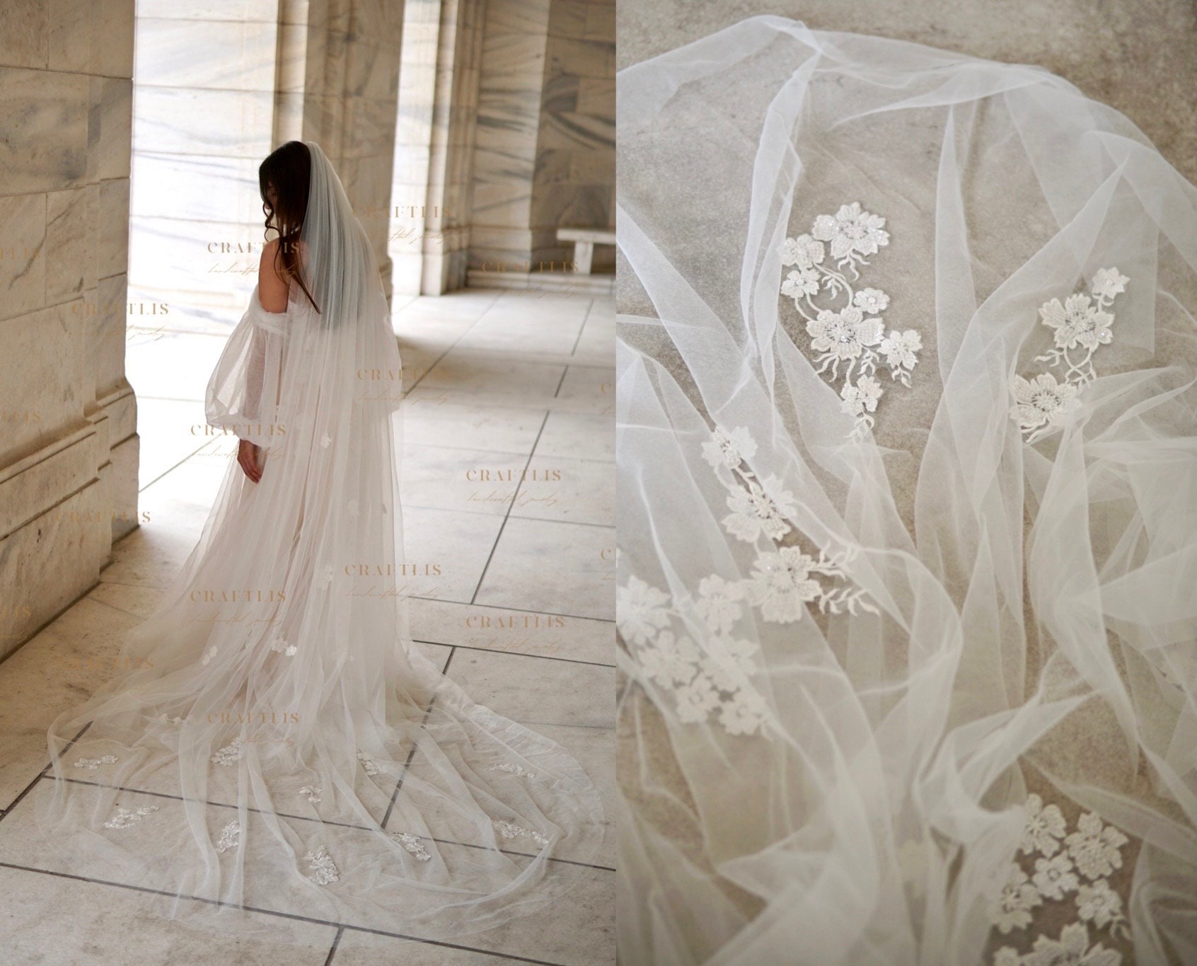 Bridal Cathedral Wedding Veil, Floral Cathedral Wedding Lace