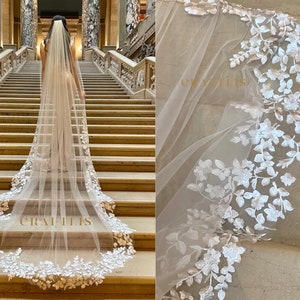 Cathedral floral veil, Wedding veil, Wedding veil with flower lace, Bridal veil with lace, floral lace, veil with flower lace applique