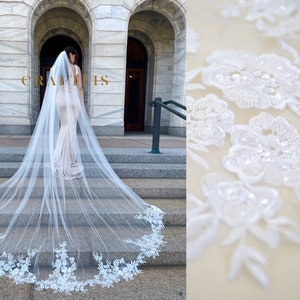 Cathedral veil, Wedding veil, Royal veil, Bridal veil with lace, floral lace, veil with flower lace applique, Wedding veil with flower lace image 1