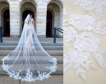 Cathedral veil, Wedding veil, Royal veil, Bridal veil with lace, floral lace, veil with flower lace applique, Wedding veil with flower lace