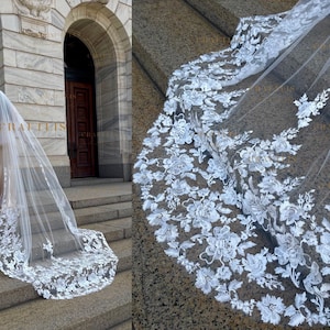 Cathedral wedding veil, Scallop Bridal veil, Flower Lace veil, floral veil, Wedding veil with floral lace, veil with flower lace applique