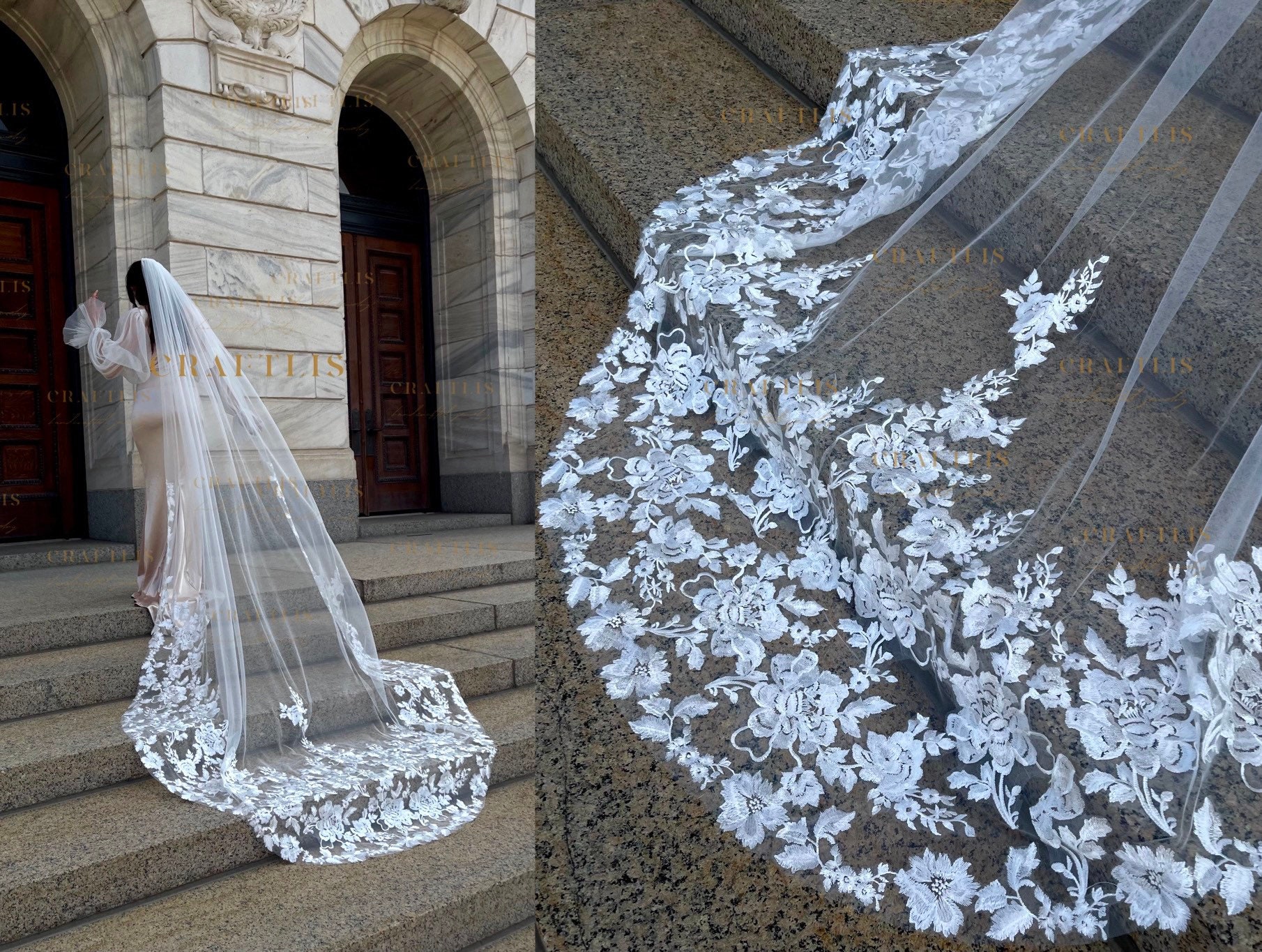3D Bridal Floral Veil Elegant Cathedral Style Colour Veil Trailing with Comb