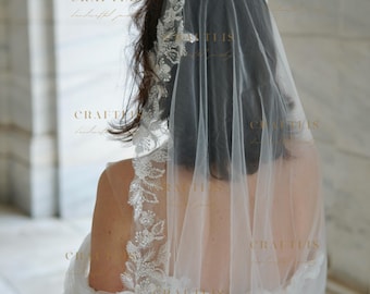 Long Wedding Veil: Beaded Floral Lace Mantilla Bridal Veil, Cathedral Length Veil with Floral Lace Edge