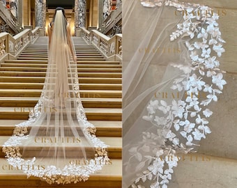 Cathedral Lace Veil With Floral Lace: High-Quality Long Bridal With Flower Branches Lace Appliqué