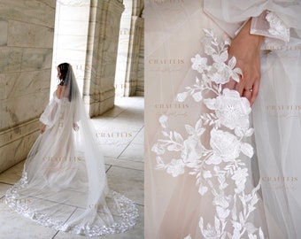 Cathedral floral veil, Wedding veil, Wedding veil with flower lace edge, Bridal long veil, floral lace, Royal veil with flower lace applique