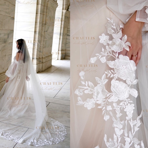 Floral Lace Applique Veil Pearls Bridal Veil Cathedral Wedding Veil - Etsy