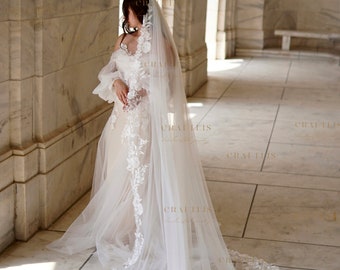 Cathedral Lace edge bridal veil, Royal wedding veil, Bridal veil with lace, long floral lace veil, Wedding veil with 3D flowers lace