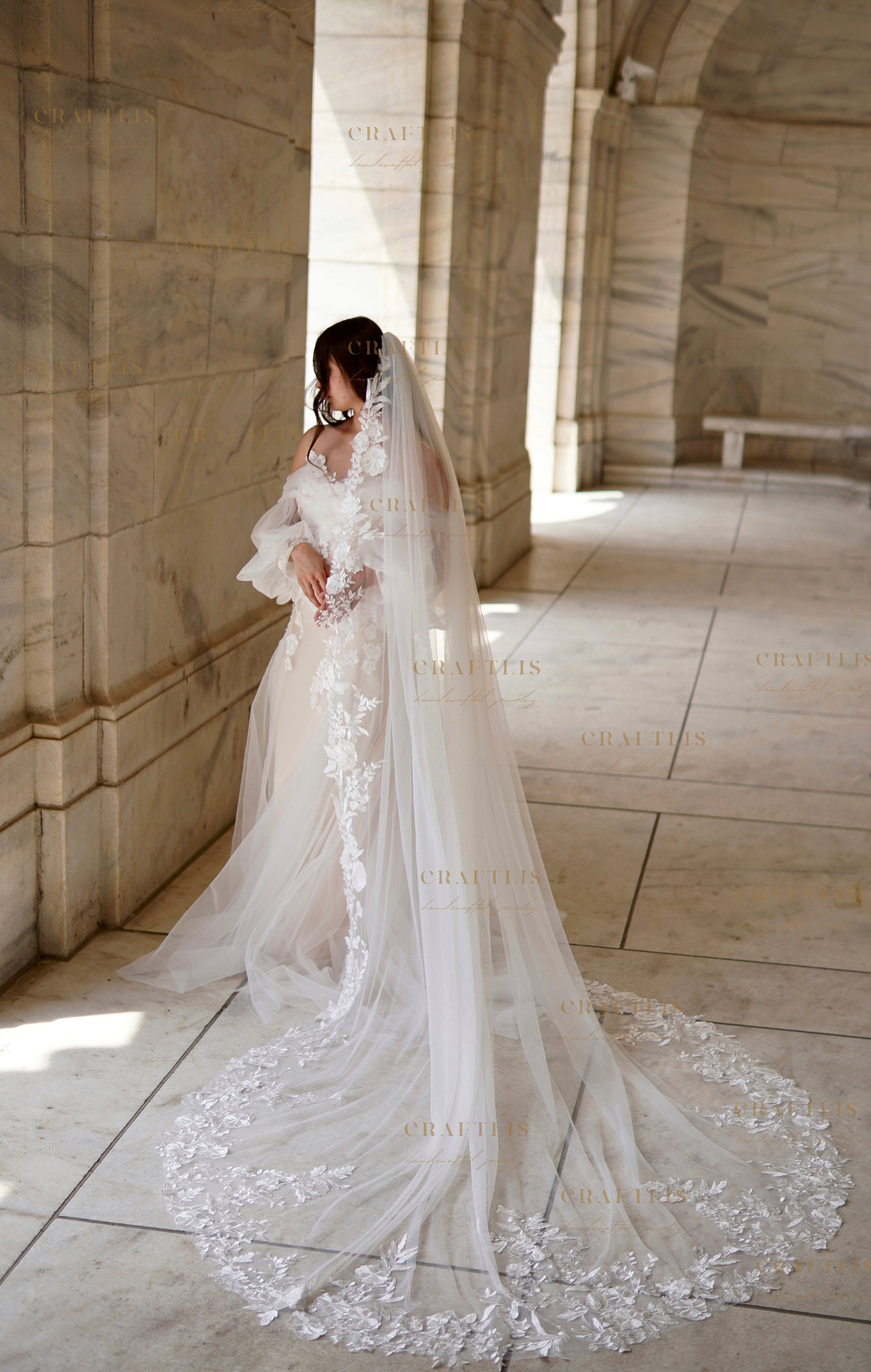 Cathedral Lace edge bridal veil, Royal wedding veil, Bridal veil with lace, long floral lace veil, Wedding veil with 3D flowers lace