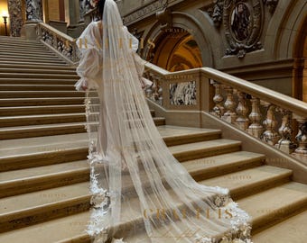 Cathedral Length Wedding Veil with Floral Lace Appliqué, Long Bridal Veil with Flowers Lace Trim, Soft Tulle Veil