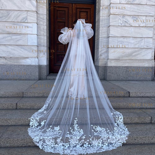 Cathedral Wedding Veil Bridal With Flower Lace Appliqué Ivory Floral Lace Applique Chapel Cathedral Wedding Veil  main image 3