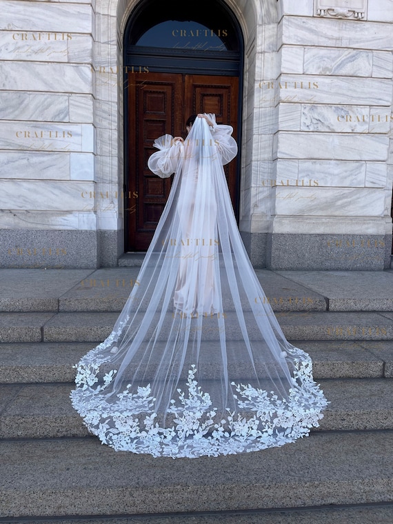 Cathedral Length Delicate White Floral Appliqué Tulle Veil Floral Appliqué Cathedral Wedding Veil: Diamond White Lace  main image 2