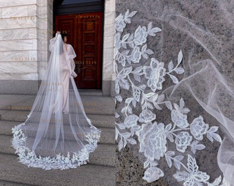 Bridal Cathedral Wedding Veil, Floral Cathedral Wedding lace veil, Long and Wide Bridal veil with lace, Royal Wedding veil with floral lace