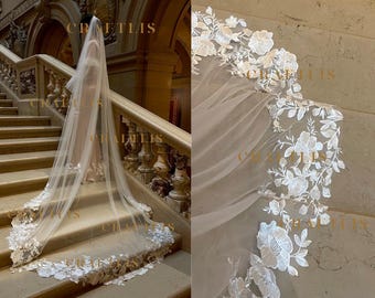 Wedding bridal veil with lace, Wedding cathedral veil, Veil with flower lace appliqué, floral lace veil, Wedding veil with flower lace