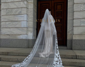 Cathedral Wedding Veil: Long Bridal Veil Scalloped Shape With Floral Sequin Lace