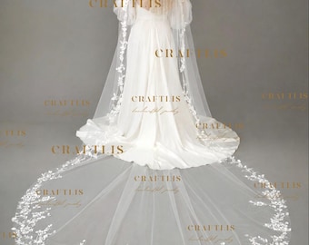 Long Bridal Veil With Floral Lace Up to the Comb, High-Quality Lace Edge Cathedral Wedding Veil
