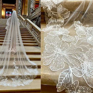 Cathedral floral veil, Wedding veil with flower sequins lace, Royal Bridal veil with beaded lace, Embroidered veil with flower lace appliqué