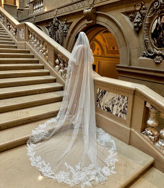 Lace Embroidered Long Wedding Veil Orleans Veil | Cathedral Length Veil Accessory | Anne Barge main image 3